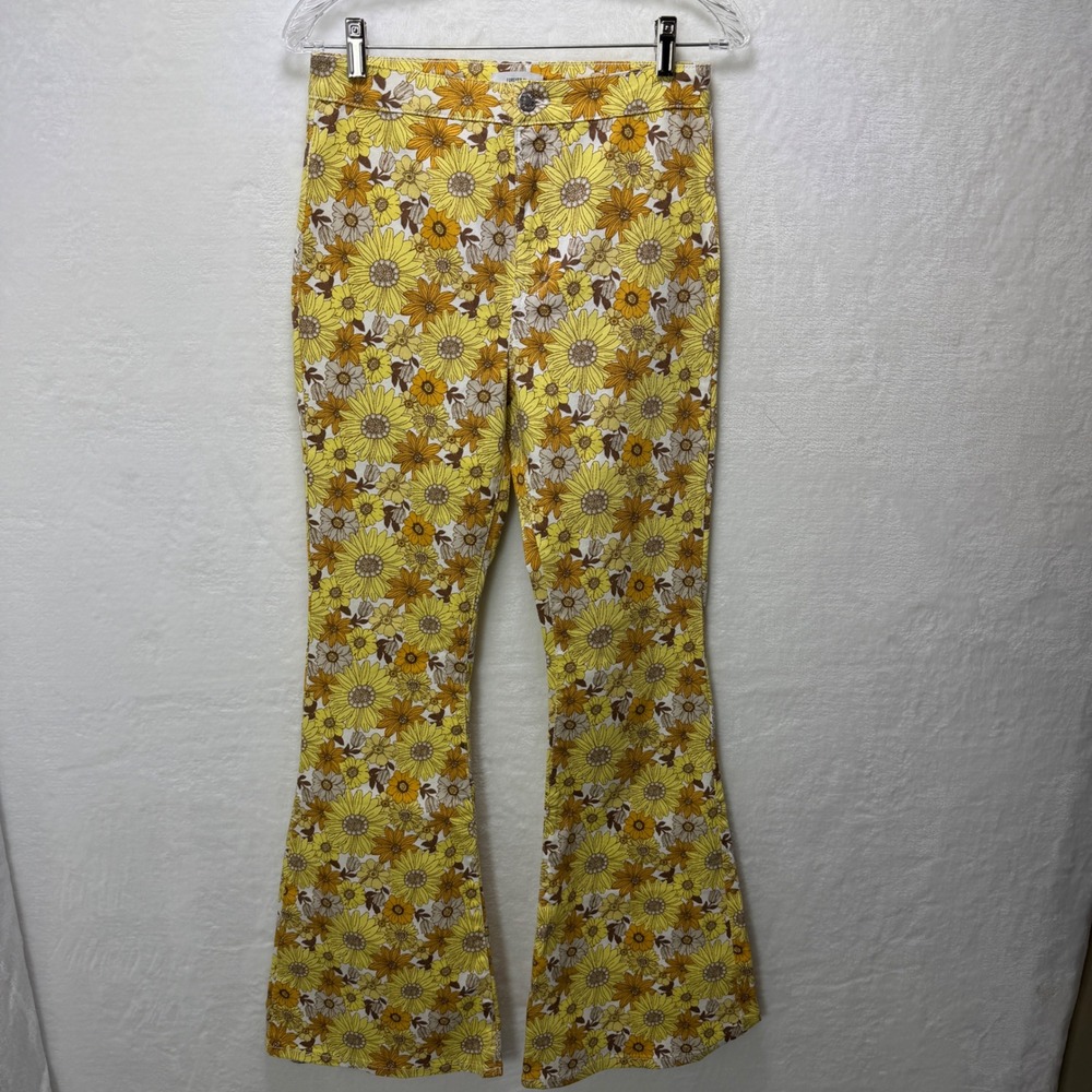 Forever 21 Yellow Floral Flare Pants Flower Power Retro 70s Style Bell Bottom 28